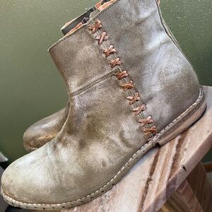 Bed Stu Olive Green Suede Ankle Boots with Brown Cross-Stitch Detail